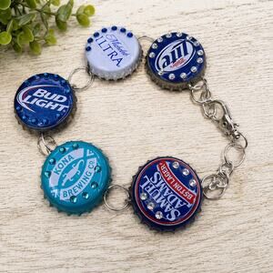 Handmade Beer Bottle Cap Charm Bracelet Rhinestone Embellished Adjustable